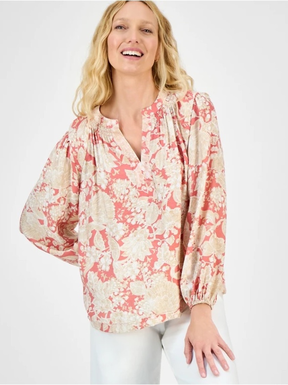 Nautica Jeans Women’s Small Floral Peasant Blouse Coral Boho Long Sleeve Top - Picture 1 of 10